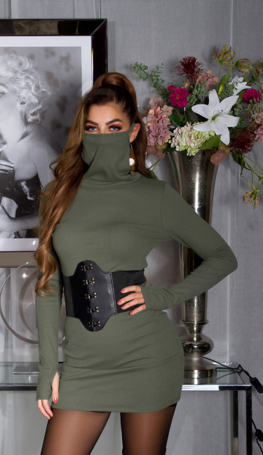 Trendy Fitting Dress with incorporated Face Mask Khaki